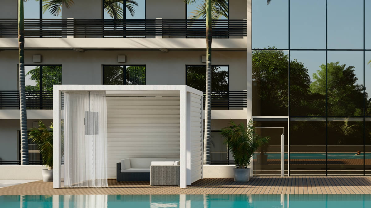 cabana with louvered roof by Azenco