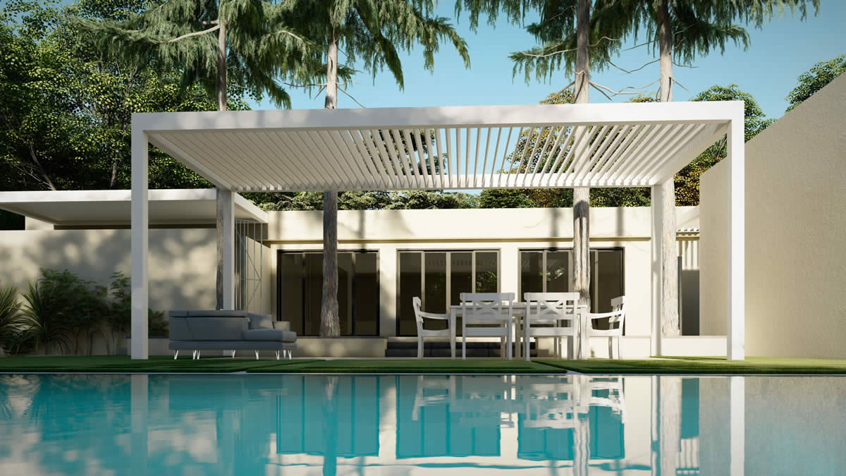 Standalone white louvered roof pergola for a pool deck