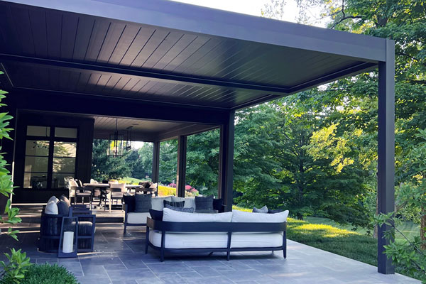 Louvered pergola with automated roof - black frame and louvers -indiana