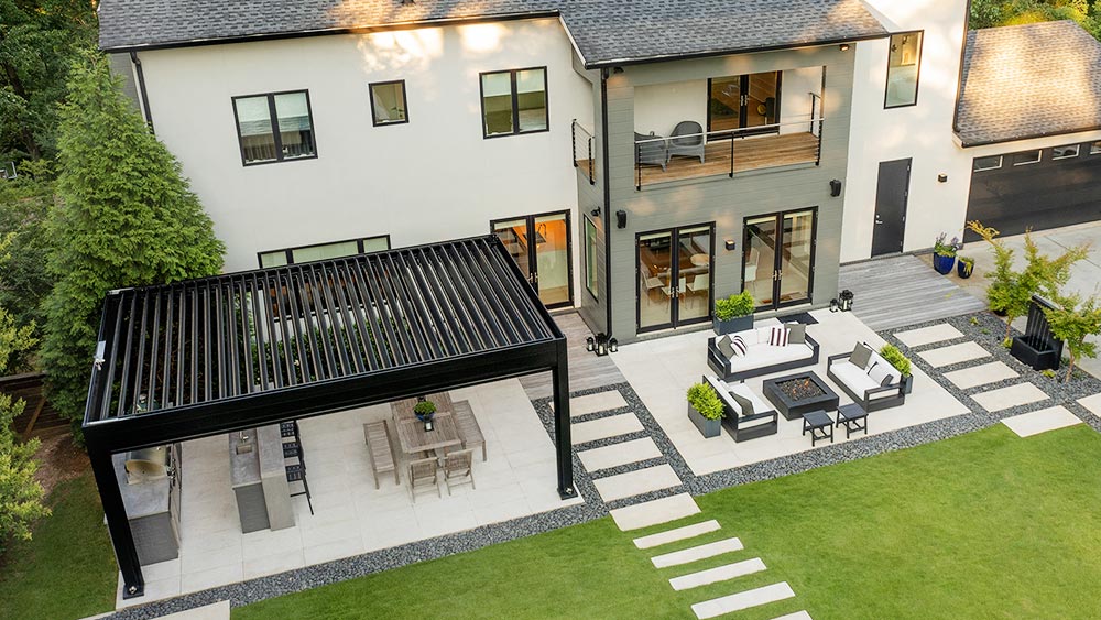 Motorized louvered roof in the backyard