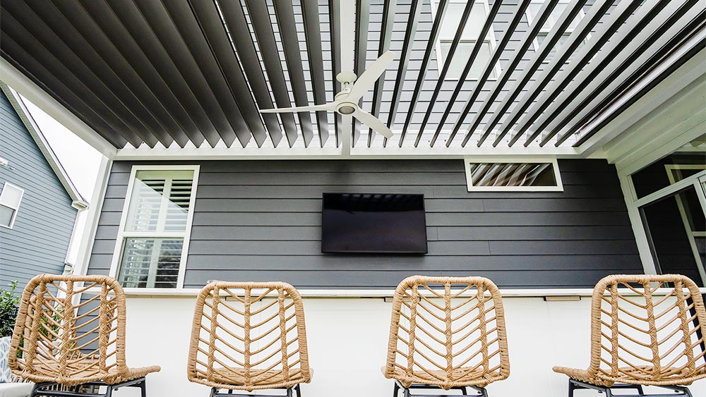 custom-designed white an gray aluminum motorized louvered roof pergola - The Louvered Pergola official Azenco Outdoor dealer in Indiana