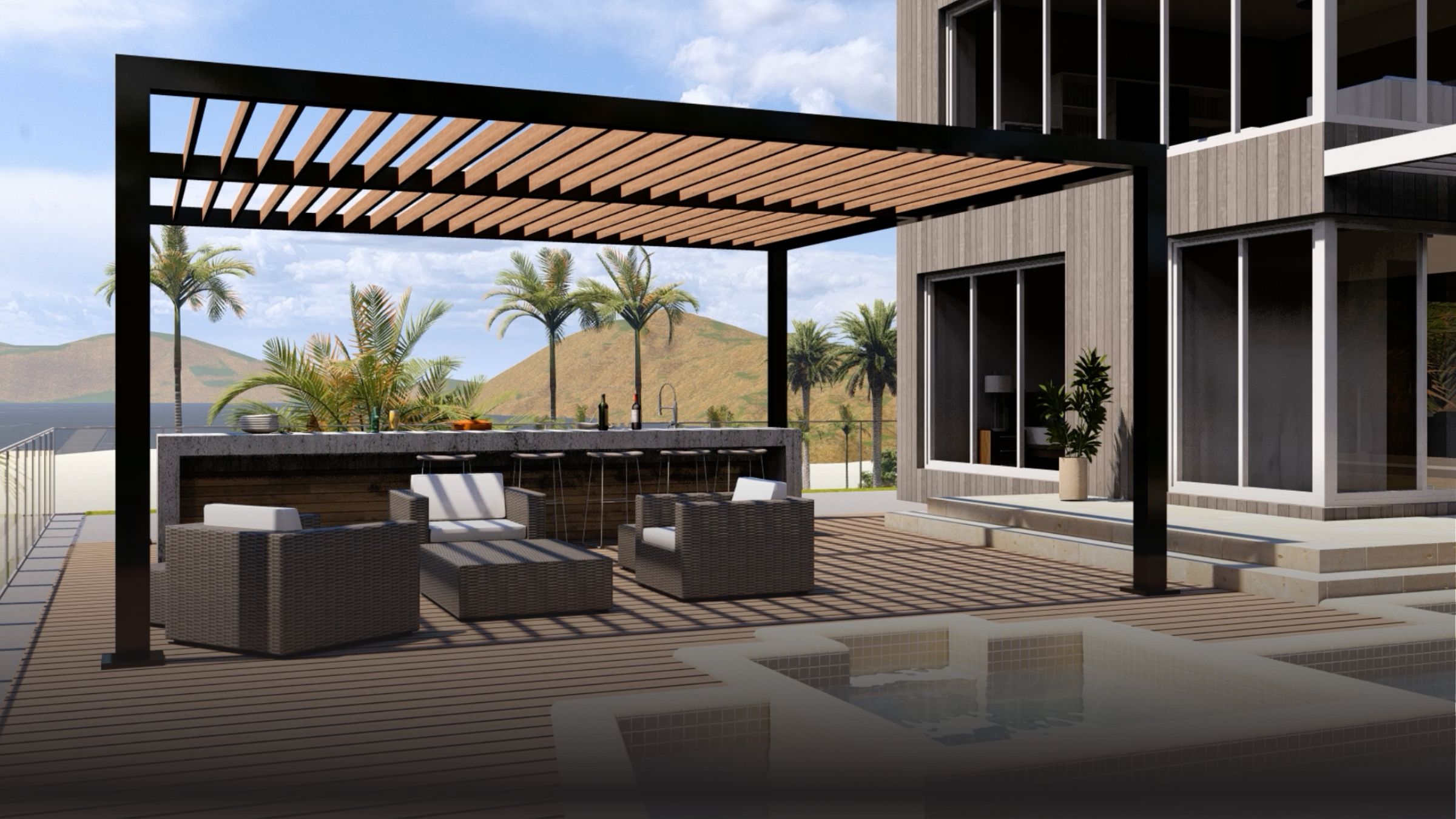 Fixed Louvered Pergola R-BREEZE™: a patented pergola system for perfect balance of sun and shade without motorized controls - The Louvered Pergola official Azenco Outdoor dealer in Indiana