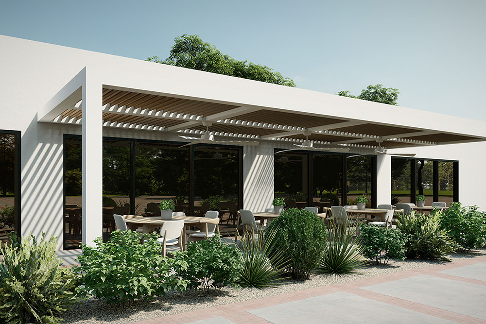 The R-BREEZE™ fixed louvered pergola is a visually striking addition to any outdoor space. Its unique design complements various architectural styles, adding a touch of modern elegance - The Louvered Pergola official Azenco Outdoor dealer in Indiana