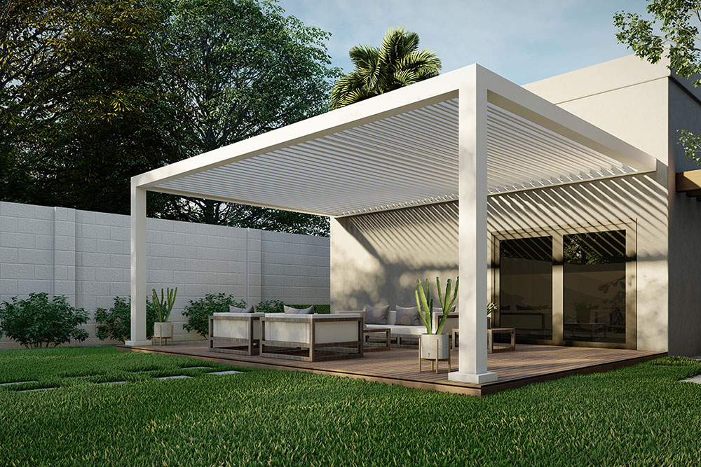 The R-BREEZE™ fixed louvered pergola is a sophisticated addition to any outdoor space. Its design seamlessly integrates with various architectural styles. Unlike adjustable pergolas, the pergola features fixed louvers that offer a predetermined level of shade or sunlight.