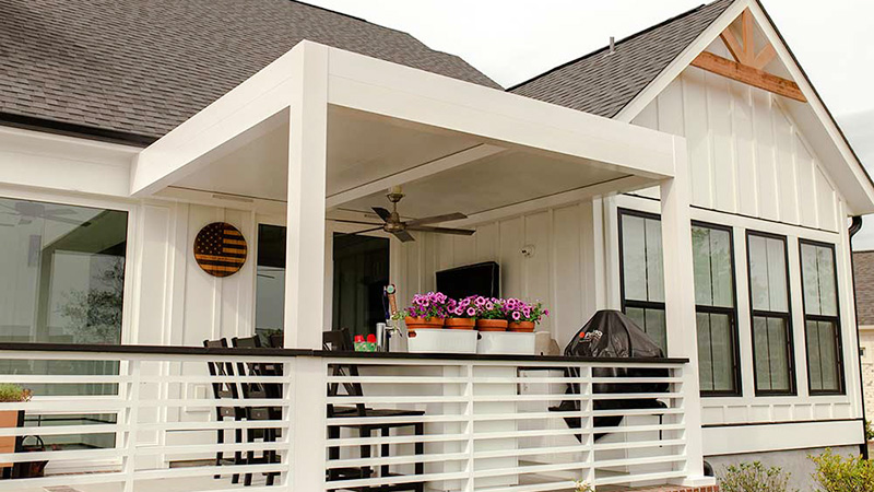 Modern attached to the house insulated rood pergola in white - The Louvered Pergola, in Indiana